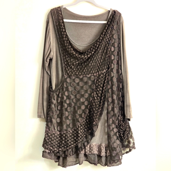 None Tops - Made in Italy Layered Brown Tunic with Polka Dot Design Sheer Overlay Women's